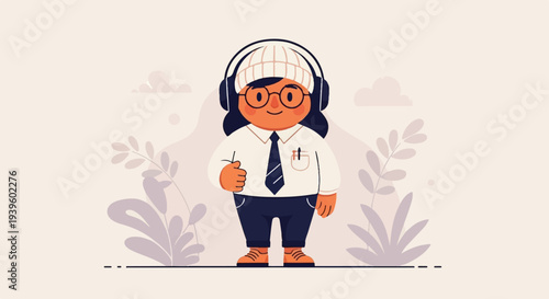 A cheerful character with headphones and glasses gives a thumbs up amidst soft foliage