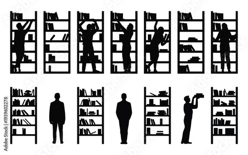 Bookshelf interaction silhouettes, showing people organizing books, retrieving items and reading in library storage scene, black vector illustration of education, archive work and learning activity