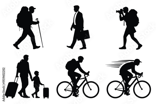 Black silhouettes of people, in various travel, and daily activities, vector illustration of walking, carrying bags, commuting, and lifestyle actions for tourism, city life, and everyday design