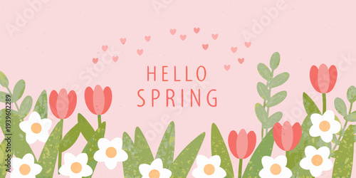 A cheerful spring greeting with flowers hearts and a pink background