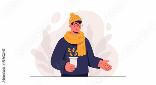 Cheerful person in winter attire holding a plant in a cup