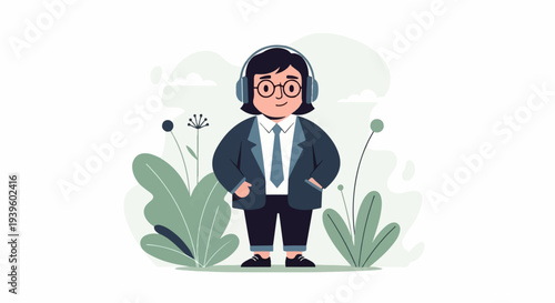 A person in a suit and headphones stands amidst abstract green foliage and cloudy sky