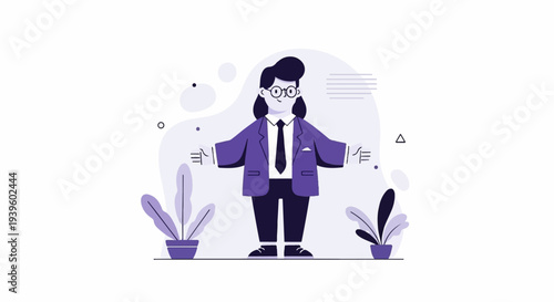 Cheerful person in suit with arms spread, surrounded by plants and abstract shapes