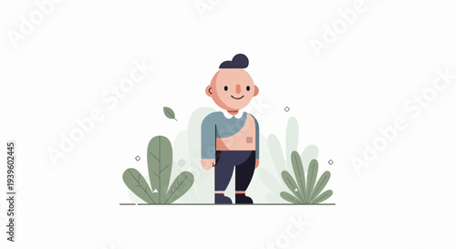 Cheerful cartoon character stands amidst stylized green foliage against a plain white background