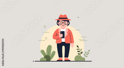 A stylized character in a red hat and jacket holds a smartphone amidst subtle background elements and foliage
