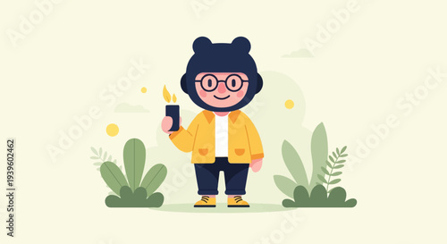 A person with a bear hat and glasses holds a lit candle among plants