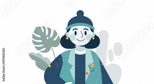 Stylized person wearing a hat and jacket, with plants in the background