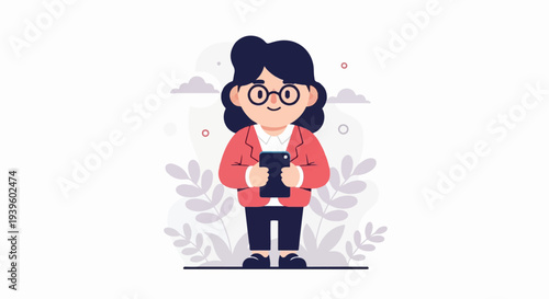 A stylized woman with dark hair, glasses, and a red blazer holds a black smartphone