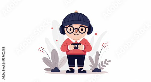 A playful cartoon character in a hat and glasses holds a mobile device