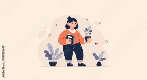 Cheerful person holding a book and potted plant surrounded by flora