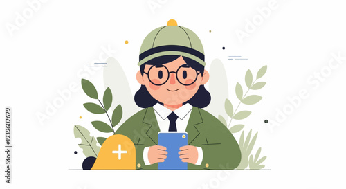 Cartoon person in safari outfit holding a tablet amidst foliage