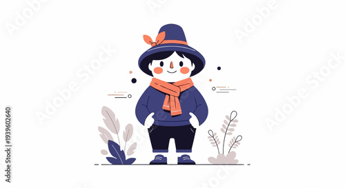 Cheerful character in winter attire, adorned with a hat and scarf, stands amidst stylized foliage