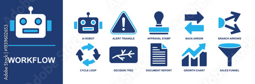 Workflow icon set. Containing AI robot, alert triangle, approval stamp, back arrow, cycle loop, decision tree, report document, growth chart, sales funnel and more. Solid fill vector icons