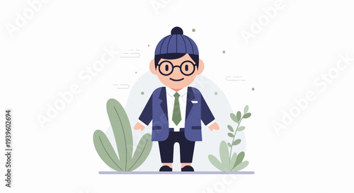 A stylized cartoon character in a suit and beanie, with glasses and a tie