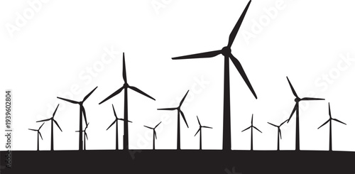 Wind turbines silhouette against white background landscape scenery