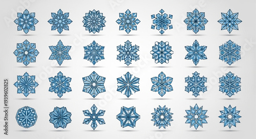 Collection of Blue Snowflake Icons in Various Designs.