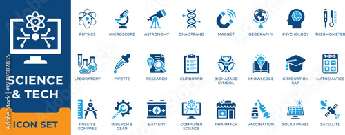 STEM education and scientific research icon set. Laboratory equipment, physics, chemistry, biology, astronomy and tech vector symbols.