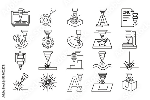 Set of laser cutting and computer numerical control milling machine line icons industrial manufacturing vector illustration bundle
