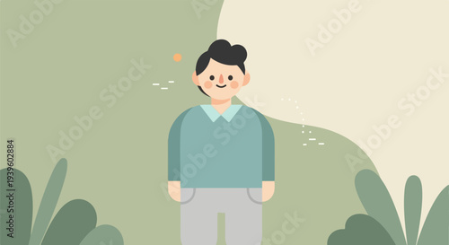A simplified illustration of a person with dark hair, wearing a blue sweater and grey pants, standing outdoors