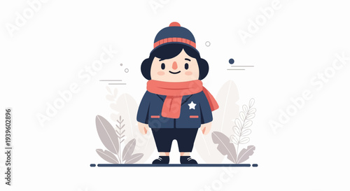 A whimsical, stylized character dressed warmly for the cold, with simple plant accents