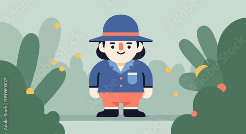 A charming cartoon figure in a blue hat and jacket stands amidst soft green abstract nature elements