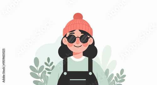 Trendy girl with beanie and sunglasses, styled overalls, and plant decor