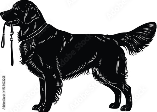 Golden retriever silhouette vector illustration, standing dog with leash detailed canine icon isolated on white background for design