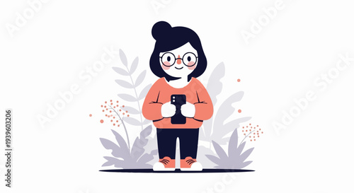 Cheerful cartoon person with glasses holding a phone, surrounded by stylized plants