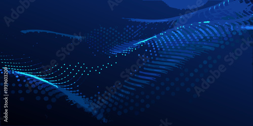 Digital illustration of a blue whale composed of glowing dots and lines