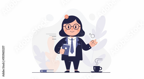 A woman in business attire, with glasses, holding a book and near a coffee cup