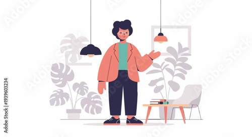 Person standing in a bright room with plants and lamps