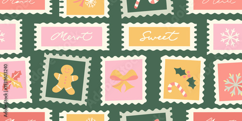 Festive christmas postage stamps with holiday illustrations and greetings