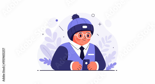 A person wearing a winter hat and glasses, holding a phone