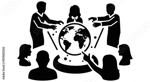 Diverse group of people collaborating around a globe representing global unity and teamwork in a modern business or educational setting with transparent background