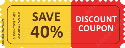 Promotional discount coupon ticket design with bold red and yellow layout, save 40 percent offer, editable code, and striking marketing style for retail campaigns.