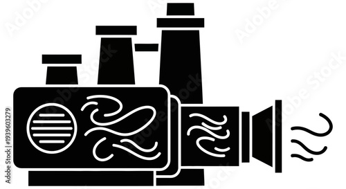 Industrial machinery graphic illustration with pipes and exhaust emitting smoke and steam in a simple black and white design style.