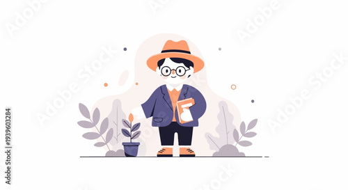 A person in a hat waters a plant while holding a book