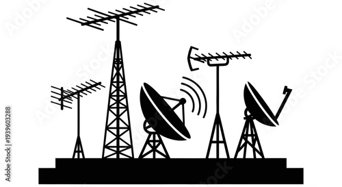 Collection of various telecommunications towers and satellite dishes for broadcasting and receiving signals on a simple platform