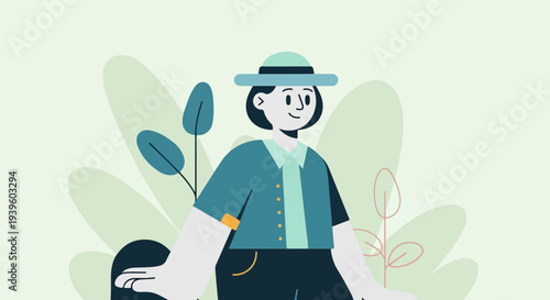 A person in a hat and casual attire, framed by abstract plant shapes and soft colors