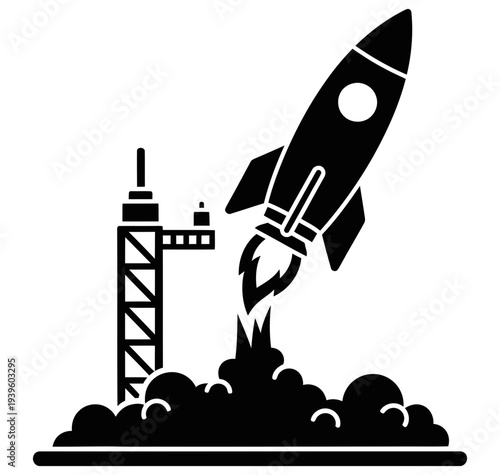 Rocket launching from a launchpad with smoke and flames celebrating new startup business venture in the tech industry