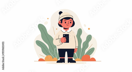 Stylized child in beanie and sweater holds phone, surrounded by abstract leaves and dots
