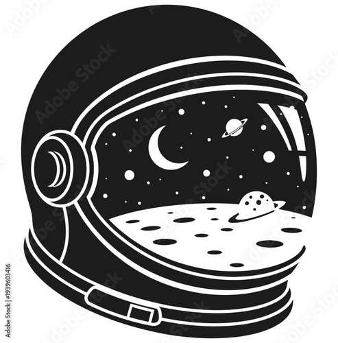 Space helmet illustration featuring an astronaut viewing the moon and celestial bodies through the visor in a simple black and white graphic design
