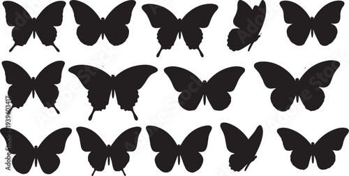 Collection of black butterfly silhouettes on white background