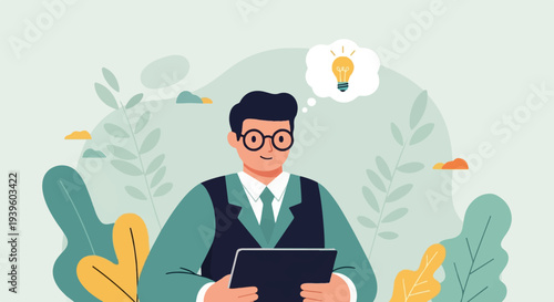 A smiling person in glasses holds a tablet, with a lightbulb thought bubble above