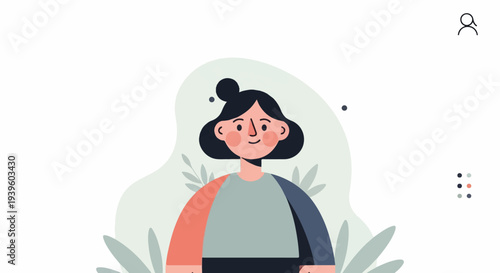 A stylized illustration features a smiling person with dark hair in a bun, wearing a colorful, abstract shirt