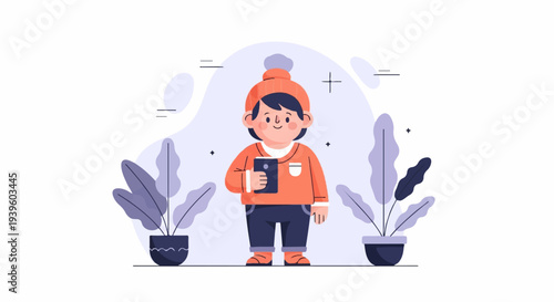 Adorable animated child in winter attire holding a digital device
