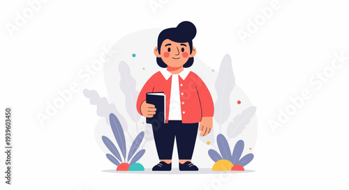 A cheerful individual with dark hair, wearing a red cardigan and dark trousers, holding a book