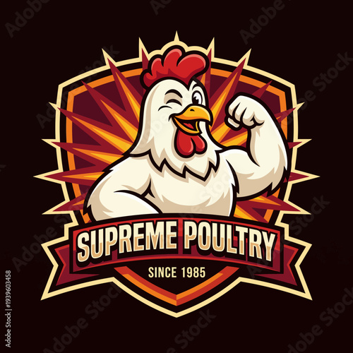 This eye-catching logo showcases a muscular chicken mascot in a bold design, signifying strength, quality, and freshness for poultry business branding.