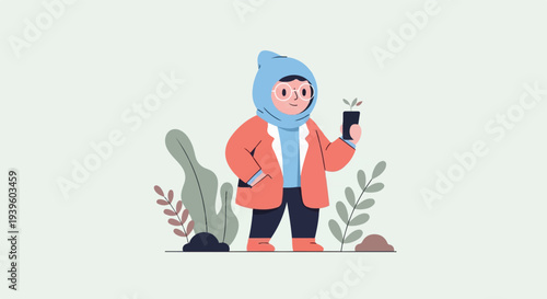 Person with glasses in a hijab and coat holds a potted plant