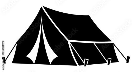 Simple black silhouette of a camping tent with poles and stakes on a white background illustrating outdoor adventure